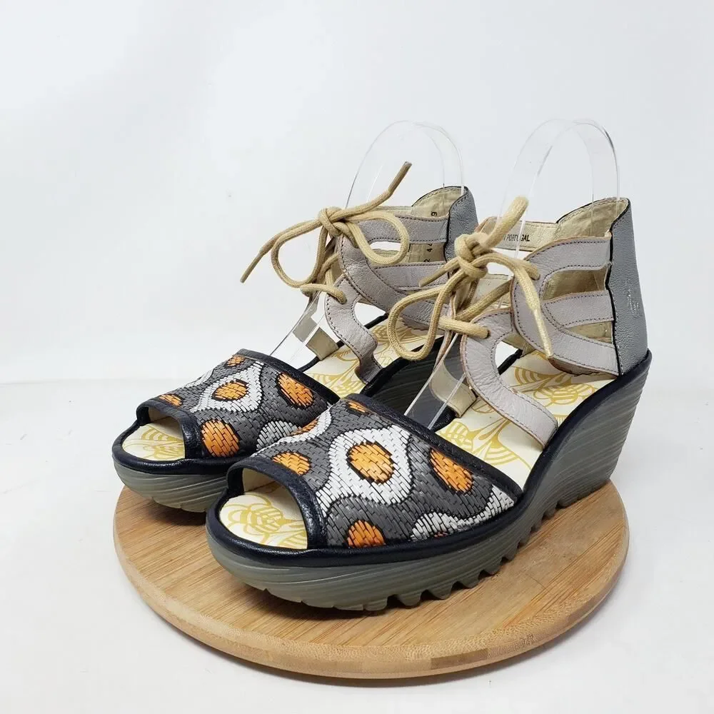 Fly London Yafi Wedge Sandals‎ Womens 39 Silver Platform Wedge Lace Up Shoes
